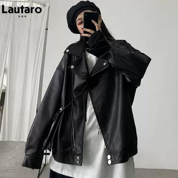 

women's leather & faux lautaro autumn oversized black soft biker jacket women long sleeve zipper loose casual korean style fashion 2021