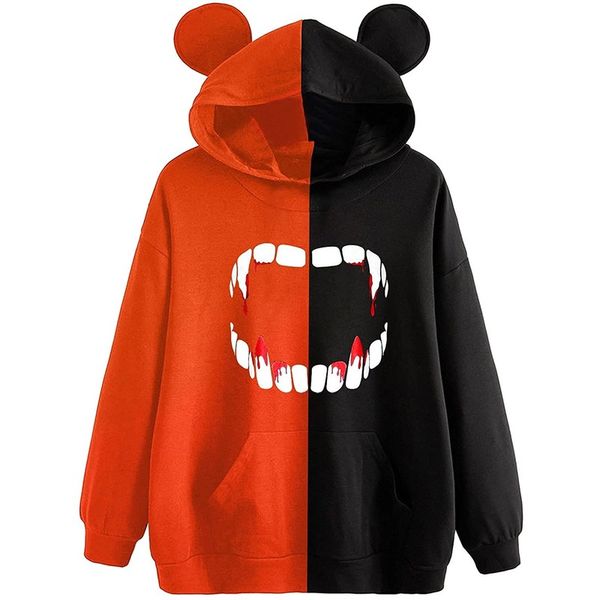 

mouth women's cute ears hoodie halloween pattern sweatshirt color block orange and black patchwork sweatshirt long sleeve pumpkin skull