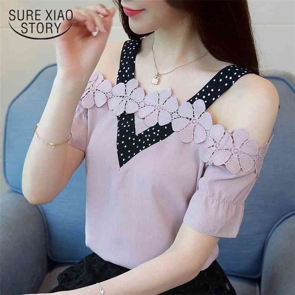 

spring summer lace chiffon shirts short sleeved blouses women fashion lady slash neck female clothing blusas d584 210521, White