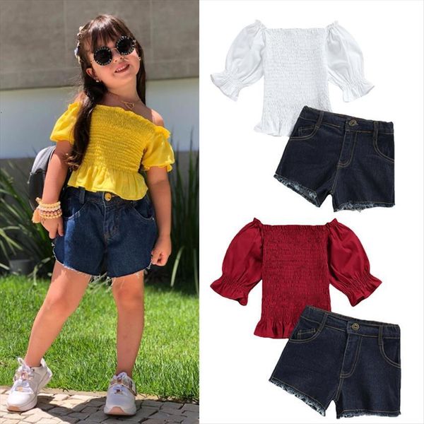 

summer fashion infant girls clothes sets off shoulder solid flare sleeve t shirts denim shorts outfits 1 6y, White