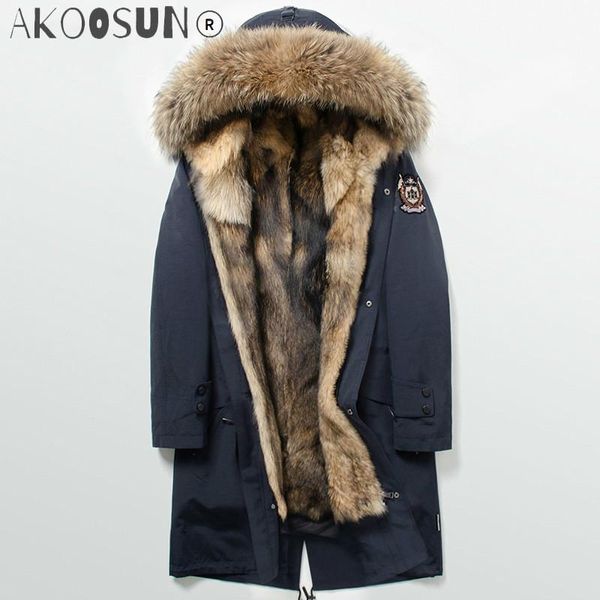 

men's leather & faux akoosun parka homme real wolf fur coat men long winter jacket raccoon collar parkas hombre invierno fdbq110 kj1351, Black