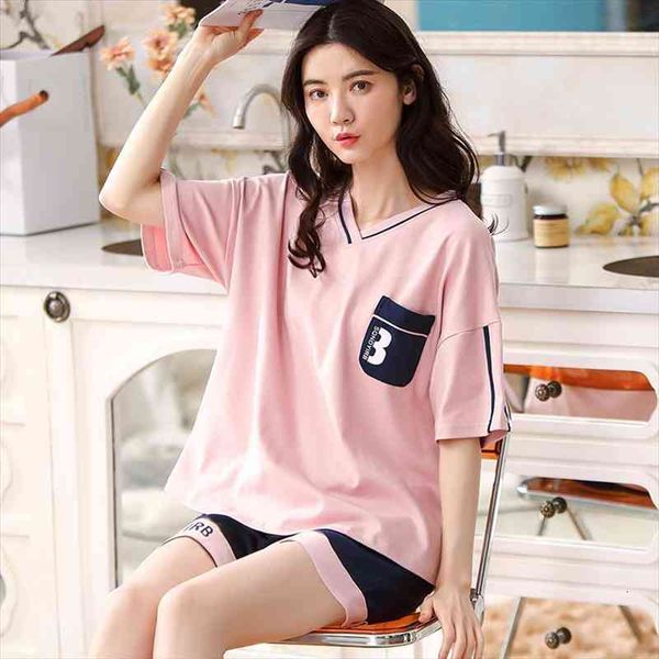 

bzel cute pink pajamas set womens cotton sleepwear v-neck short sleeves shorts pijamas suit casual home wear sweet pyjamas 2pcs, Black;red