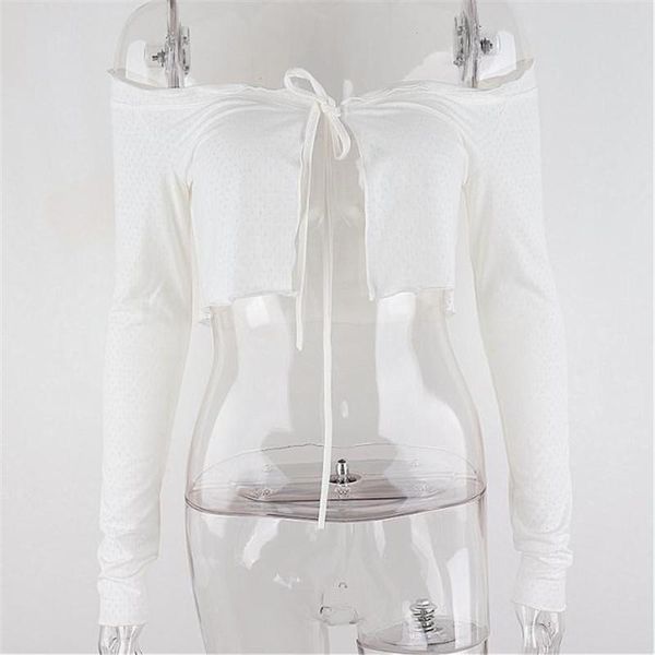 

women's t-shirt long sleeves women t-shirts off shoulder ruffle casual short tee shirt female summer spring lace-up crop femme club, White
