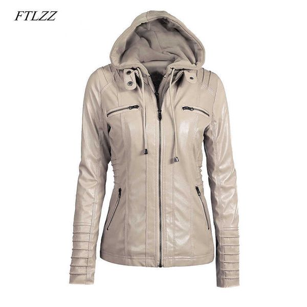 

ftlzz plus size 7xl women hooded faux leather jacket pu motorcycle hat detachable casual leather punk outerwear 210909, Black