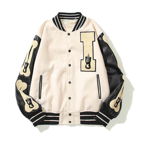 

leather sleeve patchwork bone embroidery retro men's and women's woolen baseball jacket harajuku stand oversize casual coats, Black;brown