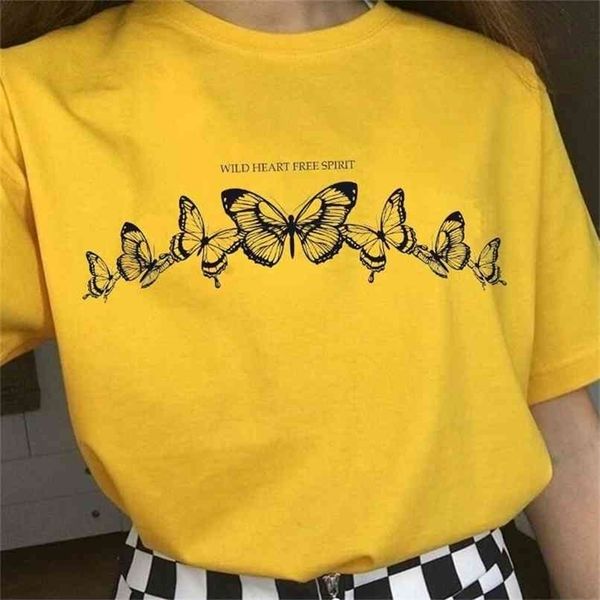 

summer wild heart spirits butterfly printed t shirt women short sleeve fashion streetwear cotton o-neck tee 210512, White