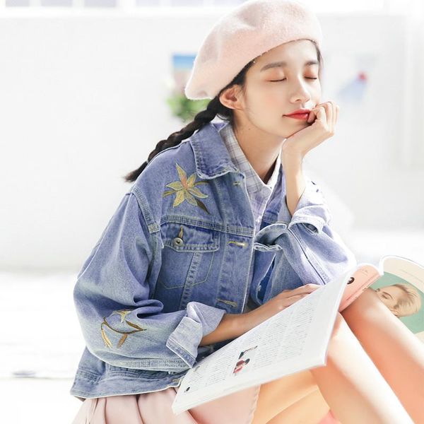 

women's jackets embroidery autumn women spring floral turn down collar single breasted denim outerwear female loose casual fashion coat, Black;brown