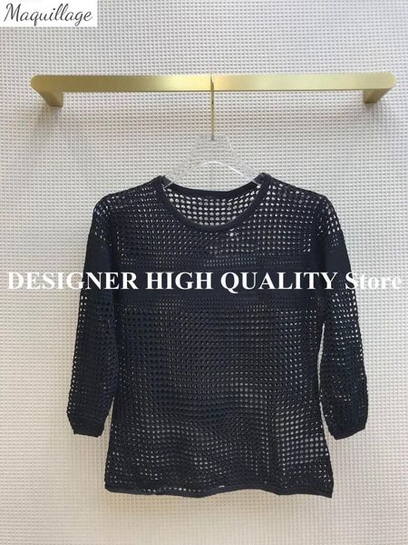 

women's t-shirt high-end brand hollow out knitted tee 2021 summer o-neck short sleeve three quarter runway designer, White