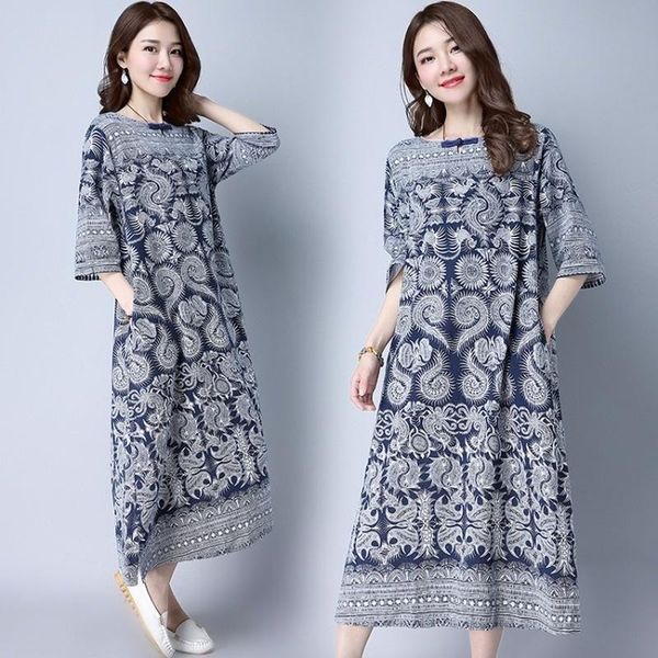 

casual dresses printing dress spring summer loose cotton linen round collar short sleeve a line for female elegant special design cloth, Black;gray