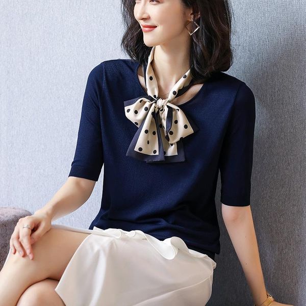 

knitted pullovers women sweaters 2021 summer ice silk short sleeve casual loose bow pull femme woman girl knit women's, White;black