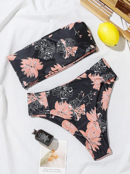 

bla and floral design bikini luxury bandeau tube swimsuit two piece bathing suit padded swimwear swimming suit for womenb