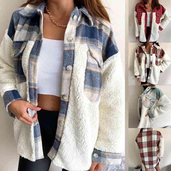 

women's fashion christmas check print stitching warm jacket jackets, Black;brown