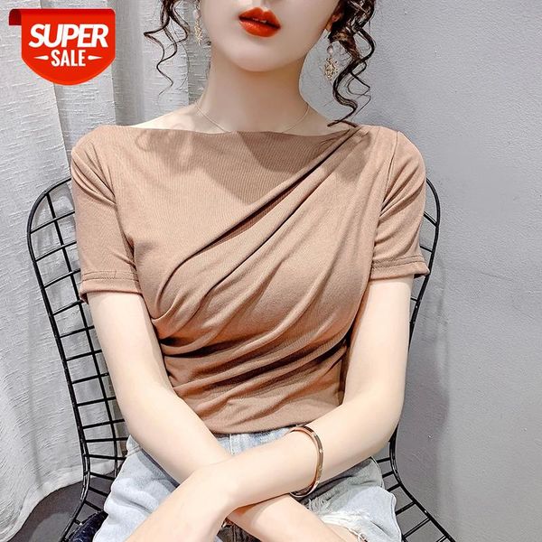 

2021 summer t shirt women slash neck short sleeve tee shirt femme fashion korean folds slim shirts office ladies #5r8m, White