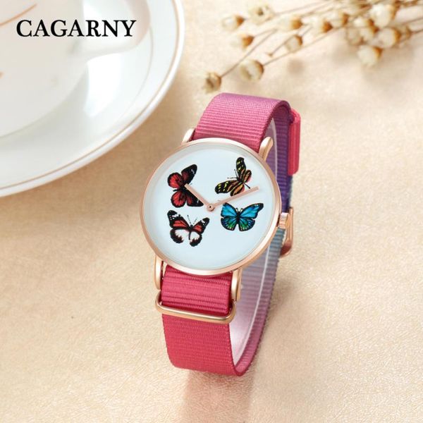 

wristwatches cagarny fashion trends women's watch quartz pink nylon strap cool luxury butterfly student relogio wrist montre, Slivery;brown