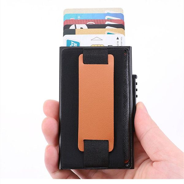

card holders bycobecy men leather wallet automatic -up box antimagnetic aluminum alloy anti-theft brush holder, Brown;gray