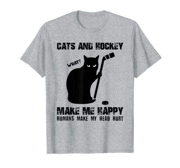 

cats and hockey make me happy humans make my head hurt t-shirt, White;black