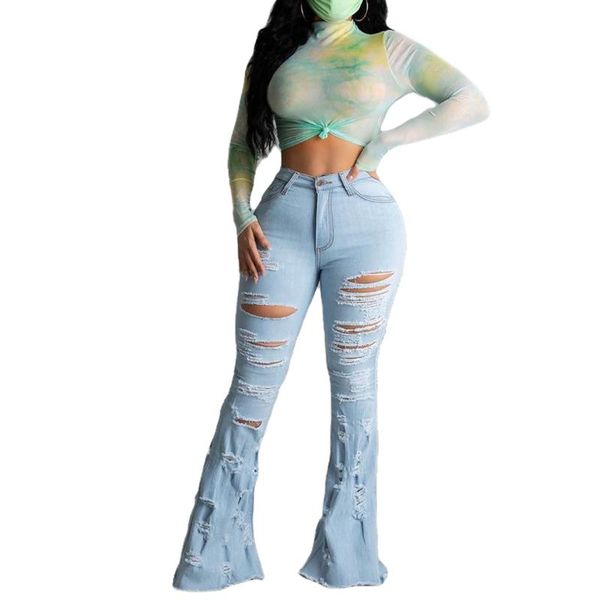 

women's jeans fashion women ladies summer casual ripped long fringed flared light blue denim pants