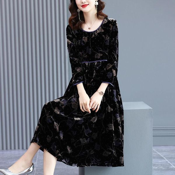 

casual dresses spring fall women high waisted floral pattern 3/4 sleeve velour dress , patchwork loose 4xl velvet for woman clothes, Black;gray