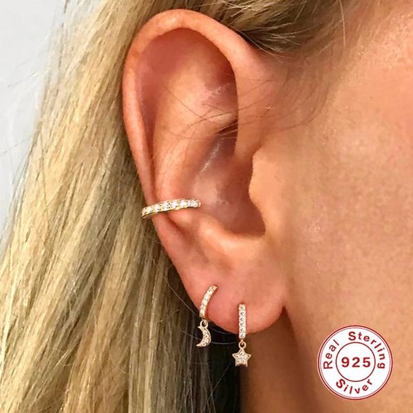 

hoop & huggie canner 100% 925 sterling silver moon and star earrings for women gold color piercing earring earings jewelry pendientes, Golden;silver