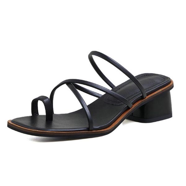 

genuine leather cross strap women's slippers concise shallow thick heels pumps summer casual office lady shoes woman, Black