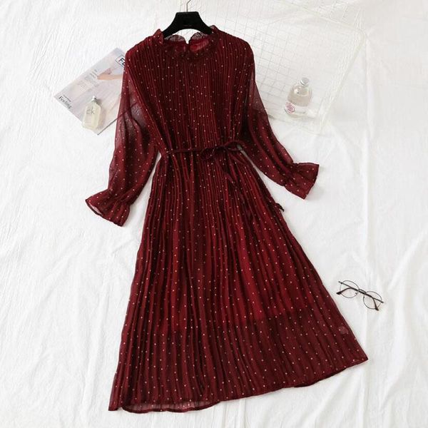 

casual dresses spring elegant polka dots print women pleated chiffon dress lace up vintage loose a-line party long vestidos femme, Black;gray
