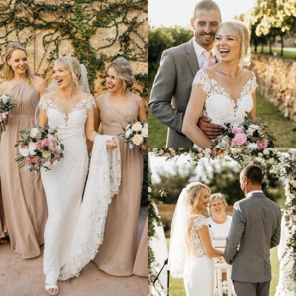 

charming cap sleeve illusion bohemian mermaid wedding dresses country covered button lace appliques long vestidos de novia, White