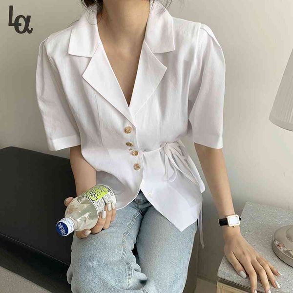 

korean summer fashion elegant temperament blouse vintage single breasted side belt short sleeve shirt office lady 210519, White
