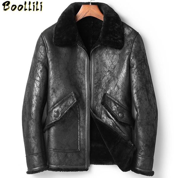 

men's leather & faux boollili genuine jacket real fur coat men winter sheepskin 100% wool lining jackets, Black
