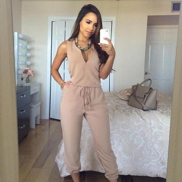 

women's jumpsuits & rompers women summer v neck jumpsuit long pants solid sleeveless one piece bodysuit, Black;white