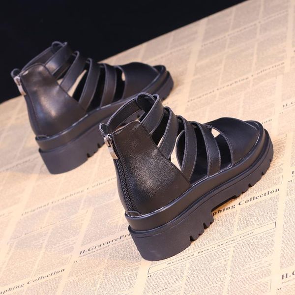 

boots brand women's shoes leather booties boots-women zipper flat heel fashion summer 2021 elegant sandals genuine mid calf lolita lad, Black