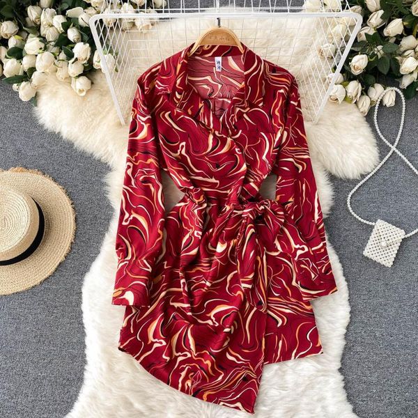 

casual dresses spring autumn women's dress fashion streetwear turn-down collar long sleeve print sash wrap bow-tied irregluar short, Black;gray