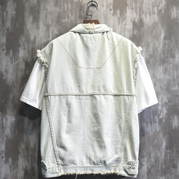 

men's vests men streetwear casual denim vest japanese vintage loose hole ripped summer thin sleeveless jacket mens harajuku waistcoat, Black;white