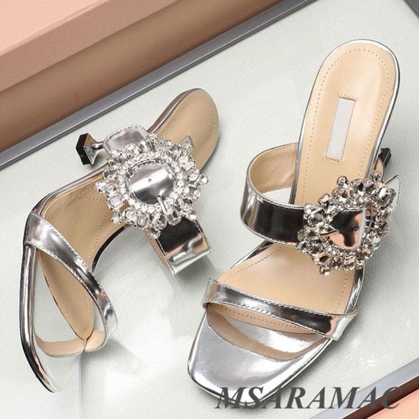 

silver shiny crystal buckle high heel slippers leather square toe sandals summer fashion street ladies party shoes, Black