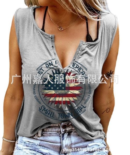 

2021 women's tank new fun flag print v-neck sleeveless t-shirt, White