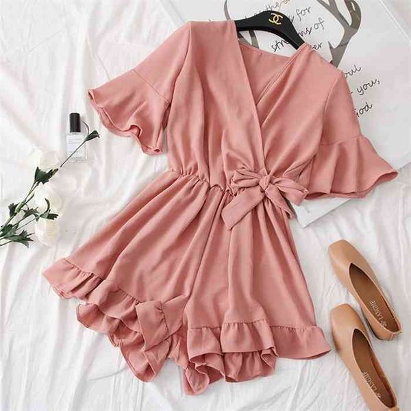 

women rompers casual wide leg pants overalls short sleeve v neck solid playsuits summer beach chiffon ruffle jumpsuits, Black;white