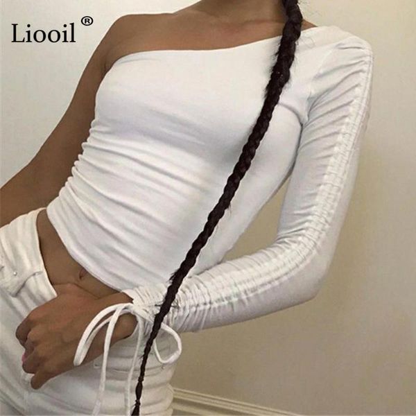 

women's t-shirt liooil one shoulder t shirts women black white short 2021 long sleeve asymmetrical drawstring club bodycon crop
