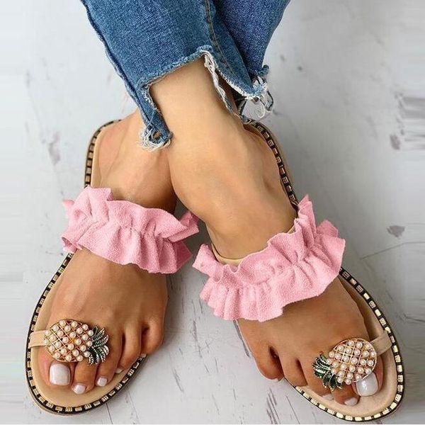 

colors large size sandals women 2021 toe pineapple lace beach shoes water drill flat bottom anti slip slippers, Black