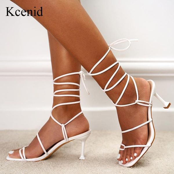 

sandals kcenid summer women white black vintage square toe high heels lace-up thong shoes big size 35-42