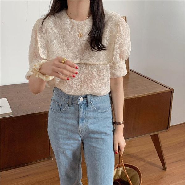 

women's t-shirt embroidery lace cute 2021 women chic gentle half sleeves sweet t-shirts female patchwork girls loose navy style lapel, White