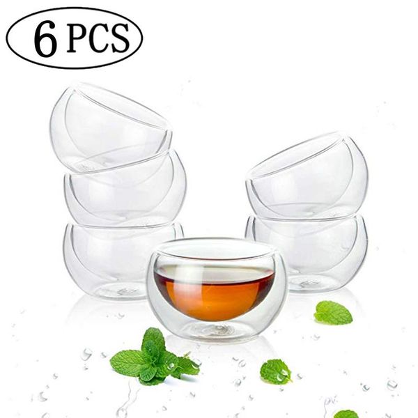 

wine glasses tea cup set of 6 - modern double wall glass insulated teacups paired with your teapot coffee heat-resisting kitchen