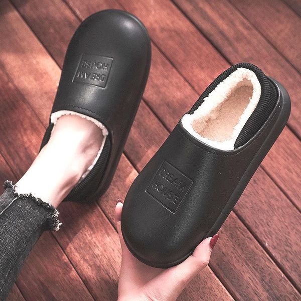 

slippers waterproof 2021 winter cotton for women's home warm shoes indoor and outdoor leather bread heel with sho, Black
