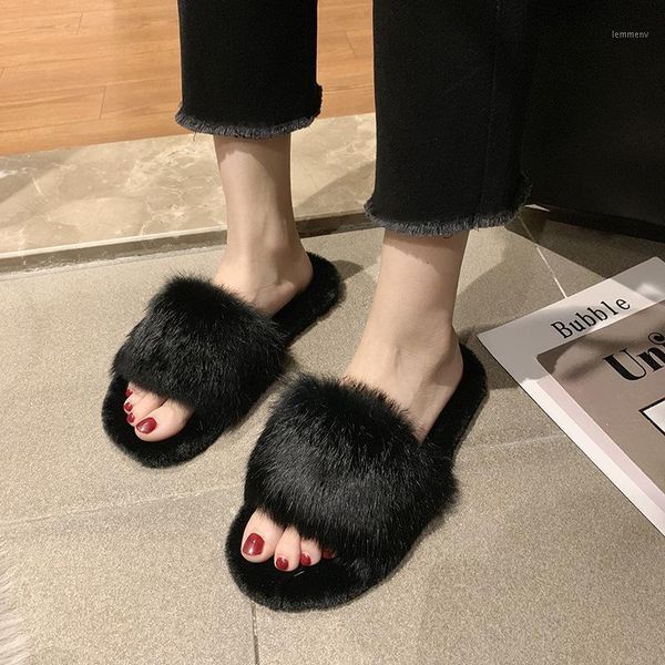 

winter trend lazy indoor slippers women soft fur candy color shoes casual simple comfortable warm lady1, Black