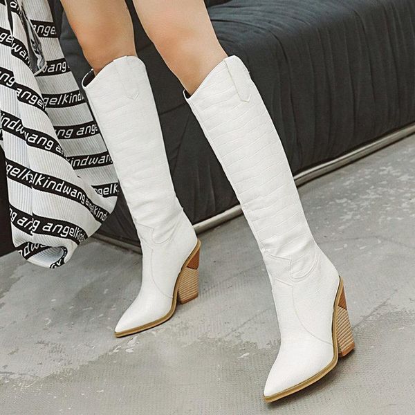 

boots faux leather women knee high wedges western pointed toe heel long autumn winter cowgirl 2021, Black