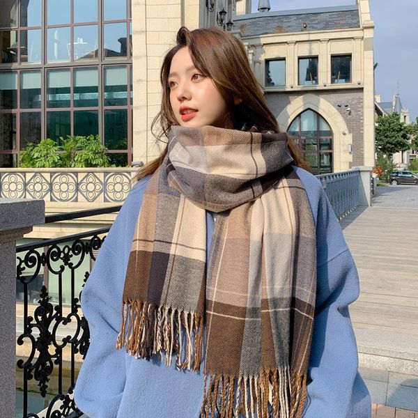 

scarves 2021 autumn and winter imitation cashmere plaid scarf women british stripe plus long tassel shawl headscarf, Blue;gray
