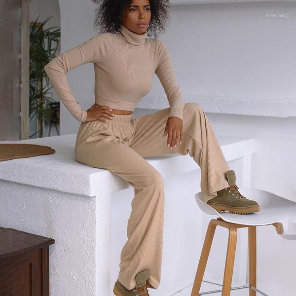 

2021autumn winter women minimalist two piece set wide leg pant and crop long sleeve turtleneck solid casial elegant suit women's tracks, Gray