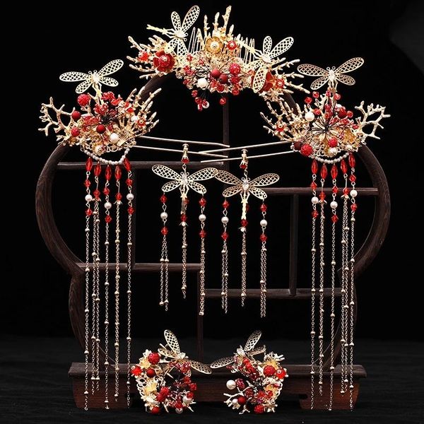 

earrings & necklace chinese style bridal headband red dragonfly wedding tiara crown bride hair accessories jewelry combs hairpins earring se, Silver