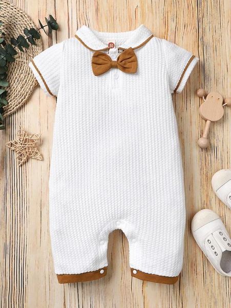 

baby bow front contrast trim quarter button romper she, Blue