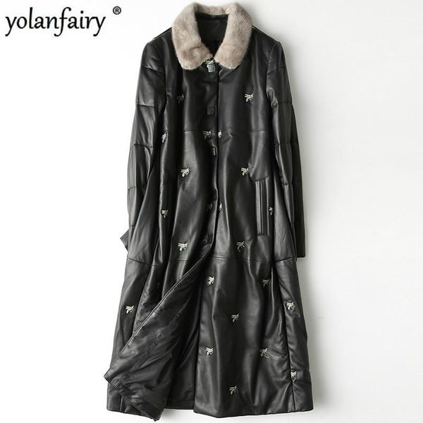 

men's leather & faux yolanfairy geniune down coat women korean fashion sheepskin collar jacket hq19-yfg810b yy331, Black