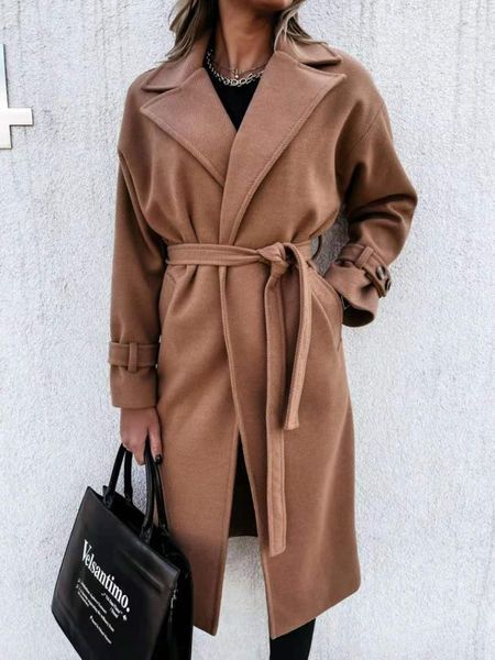 

women's wool & blends brand autumn winter long women jackets coat solid belted khaki dress loose lady outerwear elegant fashion 2021, Black