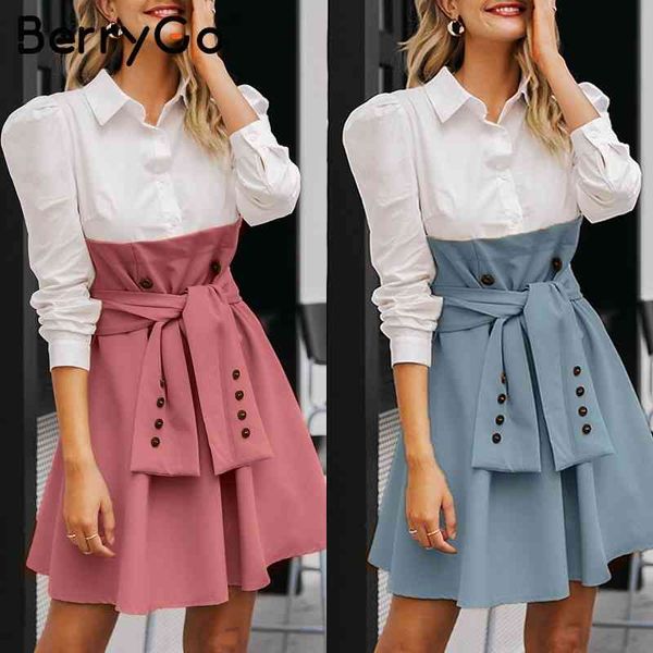 

berrygo patchwork blouse shirt dress women elegant high waist button sash belt office ladies dresses puff sleeve autumn vestidos 210513, Black;gray